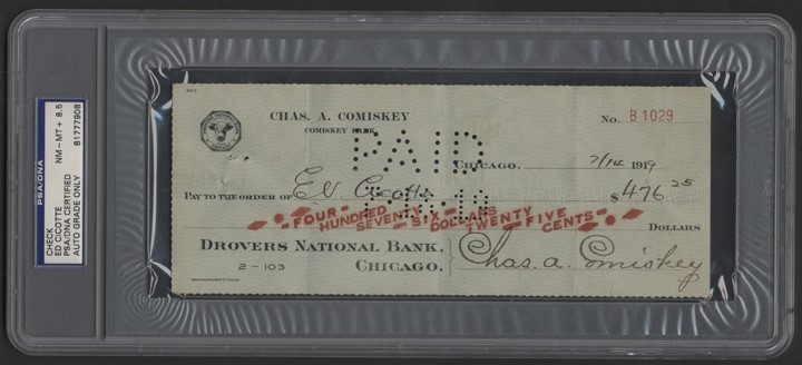 - 1919 Eddie Cicotte "Black Sox" Payroll Check - Signed by Comiskey & Cicotte (PSA NM-MT+ 8.5)