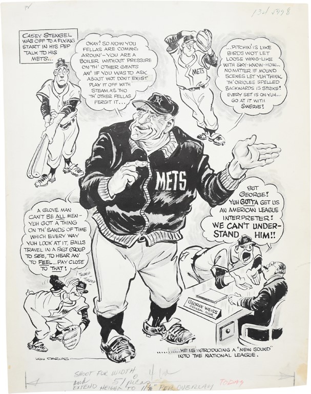 - 1962 Casey Stengal Speaks "Stengelese" to the NY Mets Sporting News Original Art by Lou Darvas