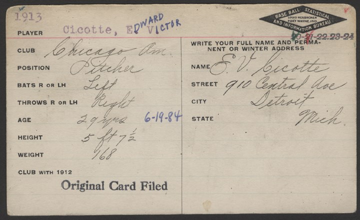 - 1913 Eddie Cicotte Signed Handwritten Heilbroner Baseball Bureau Card
