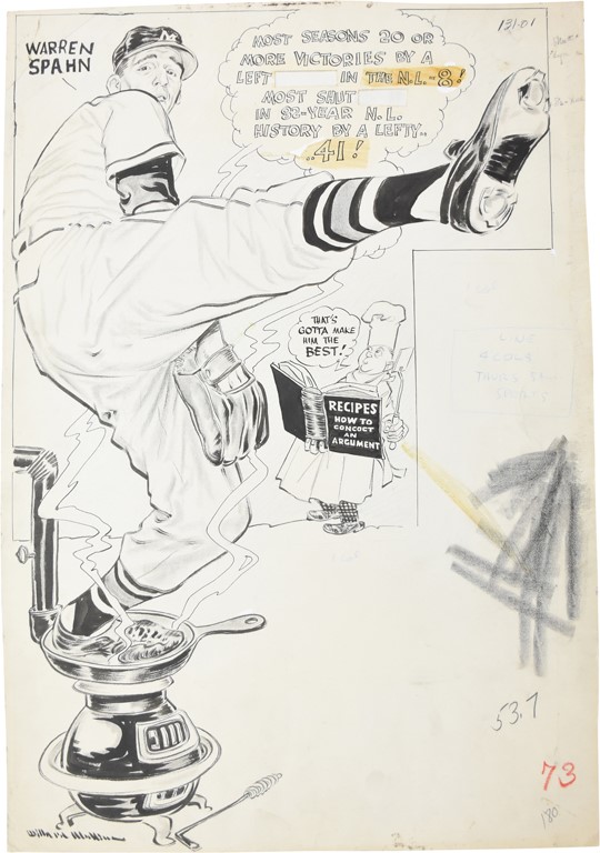 - 1958 The Great Warren Spahn Sporting News Original Art by Willard Mullin