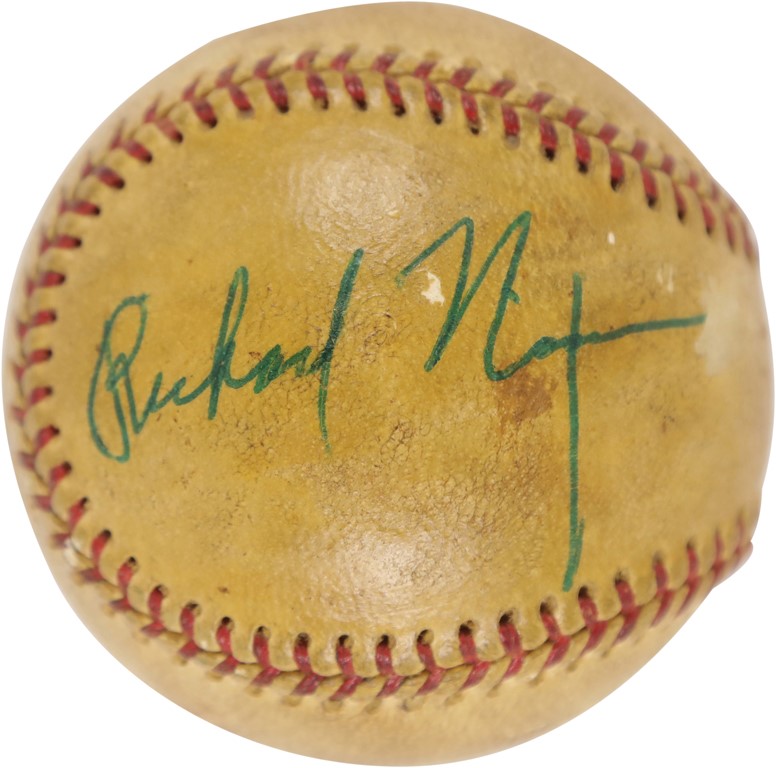 Baseball Autographs - 1969 Richard Nixon and Apollo 8 Astronaut Frank Borman Signed Foul Ball (PSA)