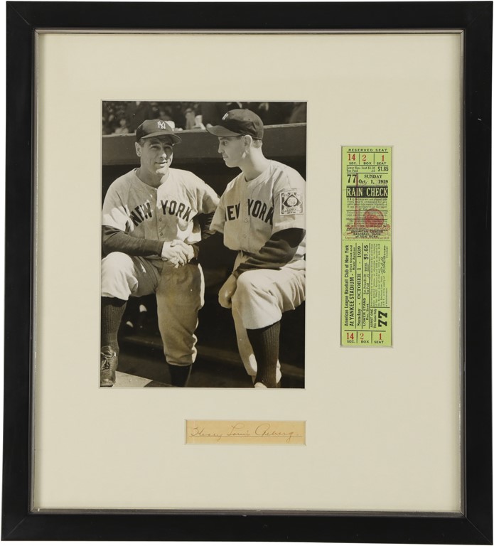 Ruth and Gehrig - 1939 Lou Gehrig Last Game Framed Display with Full Name Signature (PSA)