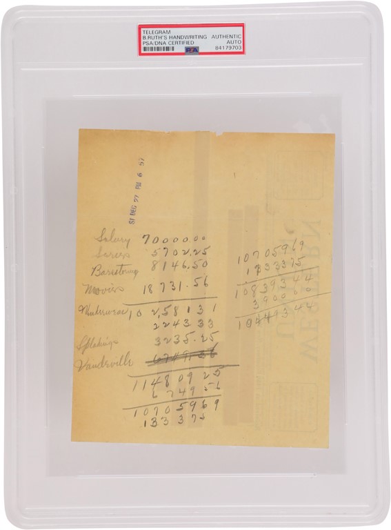 Ruth and Gehrig - 1927 Babe Ruth World Series Document in His Own Hand (PSA)