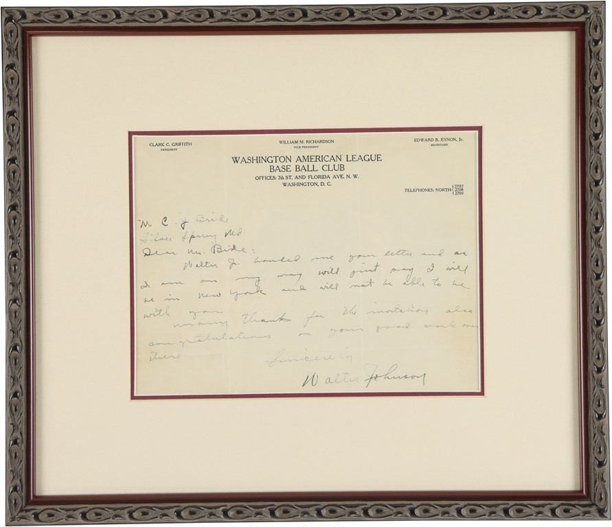 Baseball Autographs - Walter Johnson Signed Handwritten Letter (PSA)