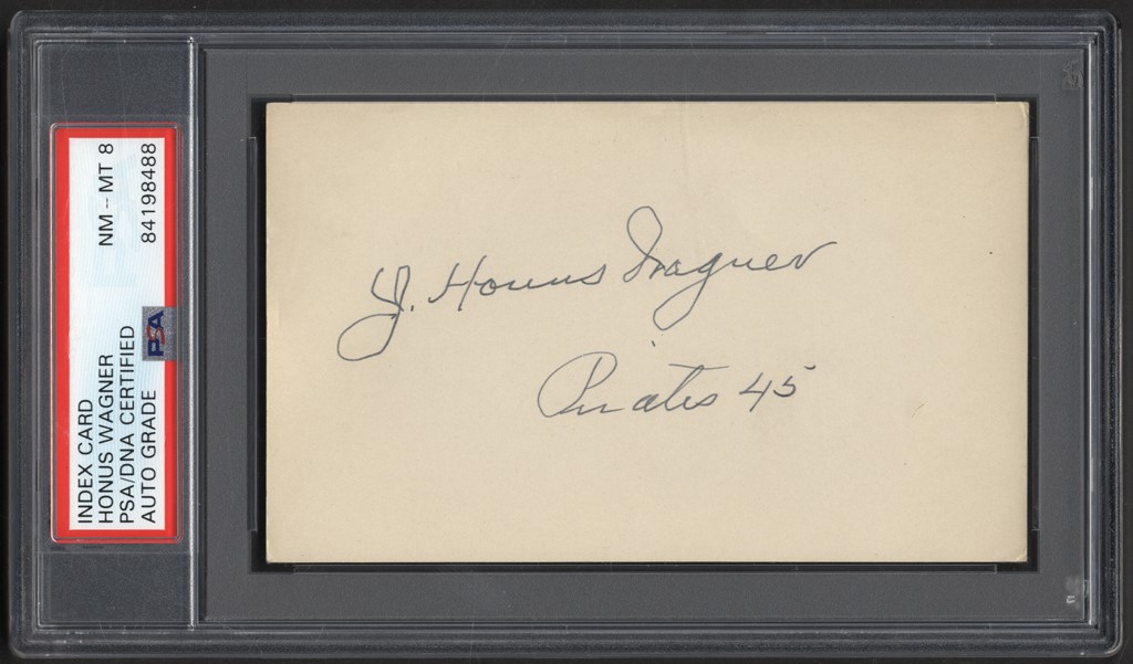 - 1945 Honus Wagner Signed Index Card (PSA NM-MT 8)