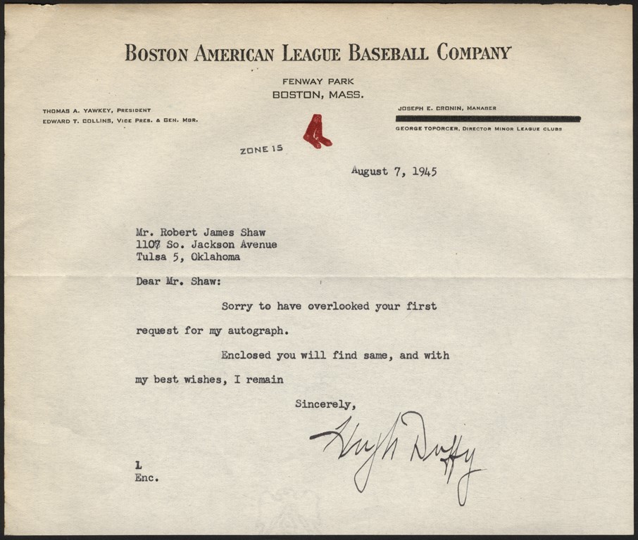 Baseball Autographs - 1945 Hugh Duffy Signed Letter