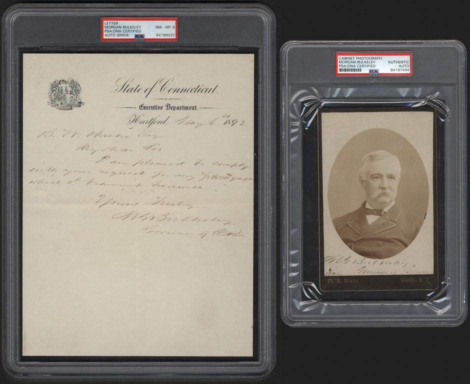 Baseball Autographs - 1892 Morgan Bulkeley Autographed Cabinet Card and Letter Display PSA