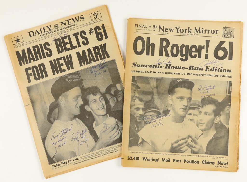 - 1961 New York Yankees Roger Maris Record Breaking Home Run Newspapers with Autographs (2)