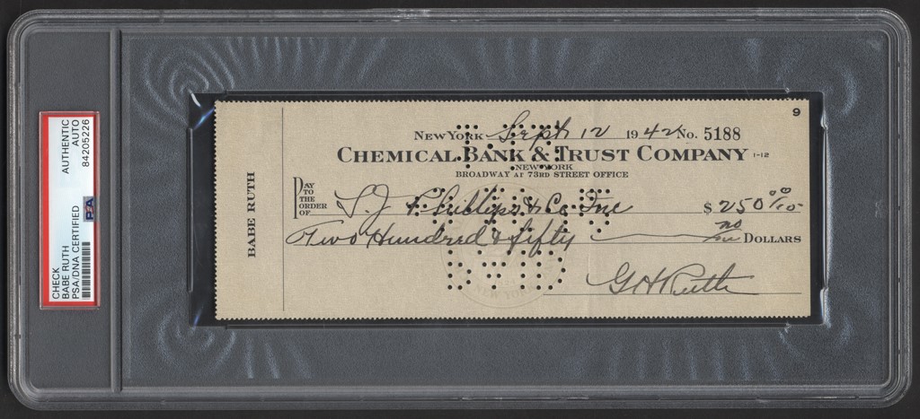 Ruth and Gehrig - 1942 Babe Ruth Signed Check (PSA)