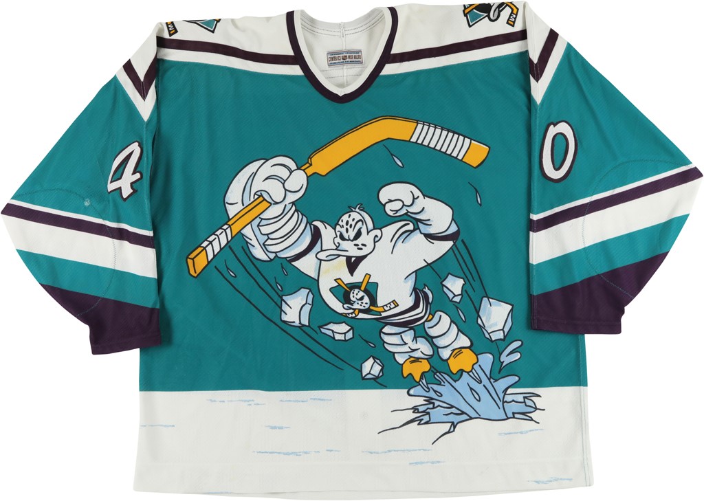 - 1995-96 Jeremy Stevenson Anaheim Mighty Ducks NHL "Wild Wing" Game Worn Jersey