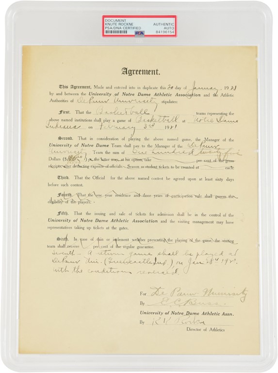 - 1921 Knute Rockne Signed Notre Dame Contract (PSA)