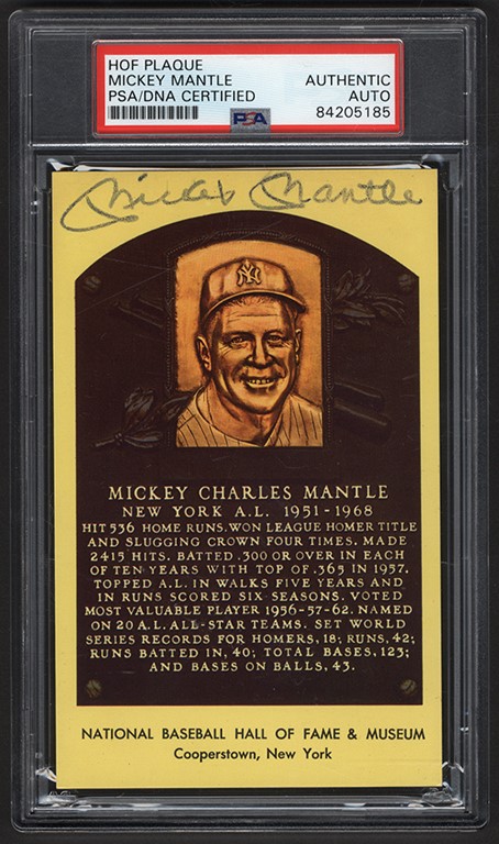 Baseball Autographs - Mickey Mantle Signed Hall of Fame Plaque Postcard (PSA)