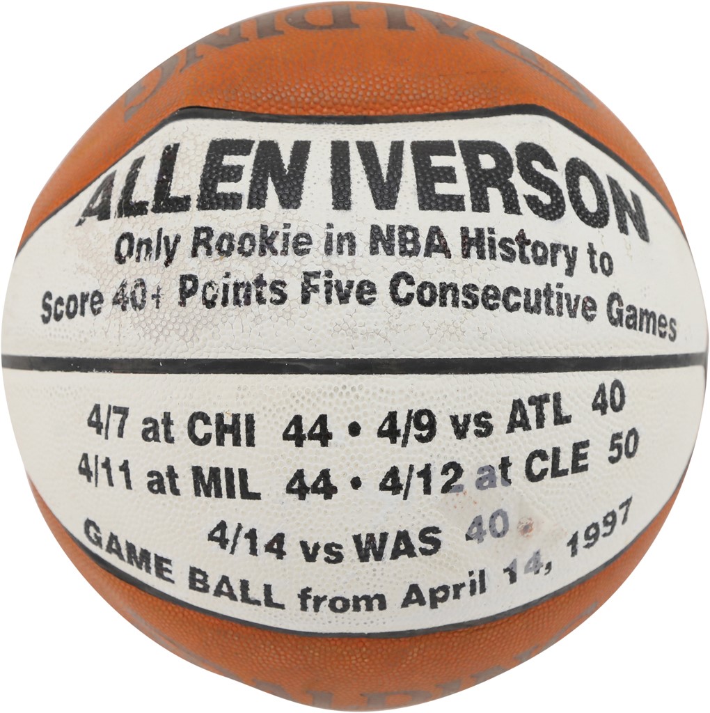 - Historic April 14, 1997, Game Ball from Allen Iverson's Rookie Record-Setting Fifth Consecutive 40+ Point Game