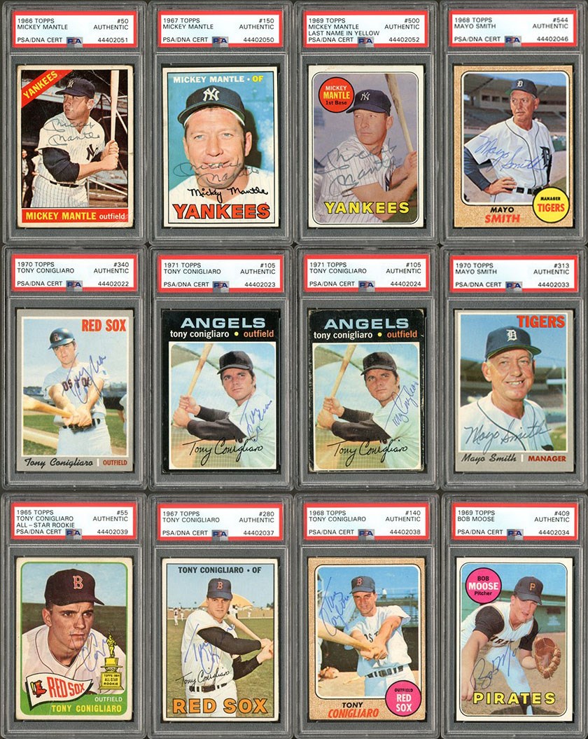 - 1965-75 Topps Vintage Signed PSA Authenticated Card Collection w/Mantle, Conigliaro, Moose, & Smith (18)