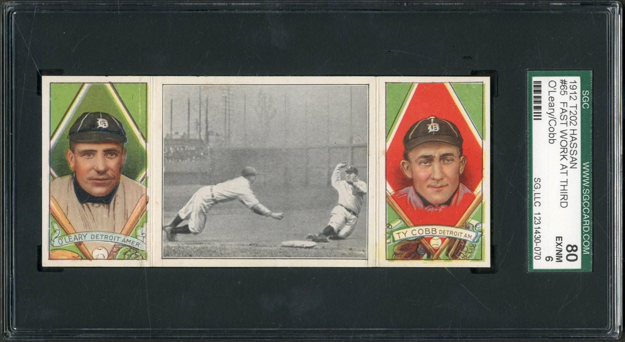 1912 T202 Hassan Triple Folder "Fast Work at Third" O'Leary/Cobb Card SGC EX-MT 6