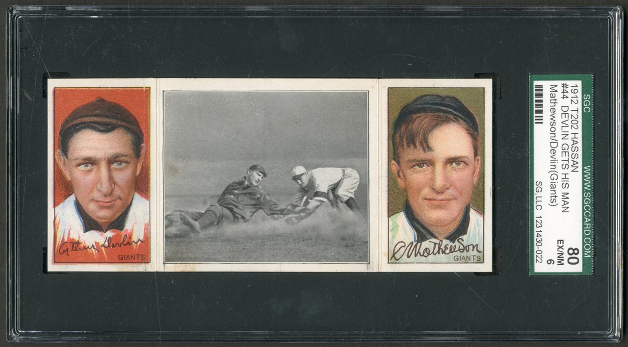 - 1912 T202 Hassan Triple Folder "Devlin Gets His Man" Mathewson/Devlin (Giants) Card - POP 1 of 3 Highest Graded SGC EX-MT 6