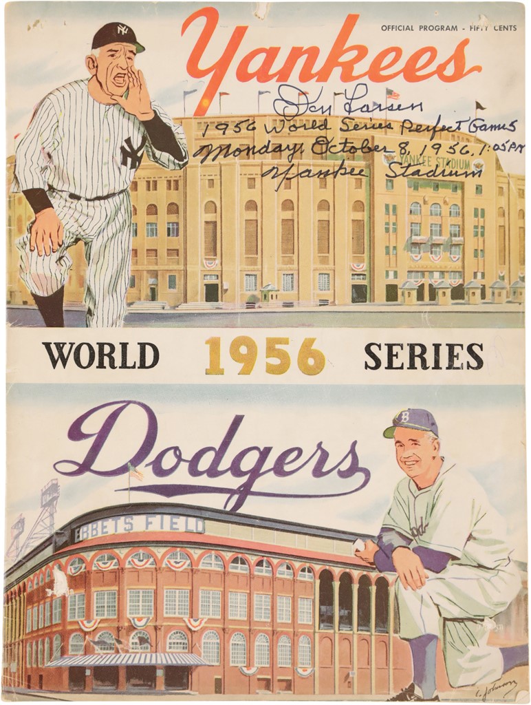 - 1956 World Series Perfect Game Program Signed and Heavily Inscribed by Don Larsen (PSA)
