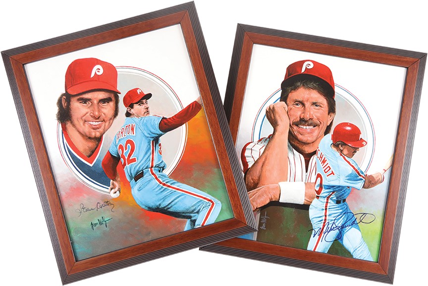 Baseball Autographs - Mike Schmidt & Steve Carlton Signed Original Artworks by Leon Wolf