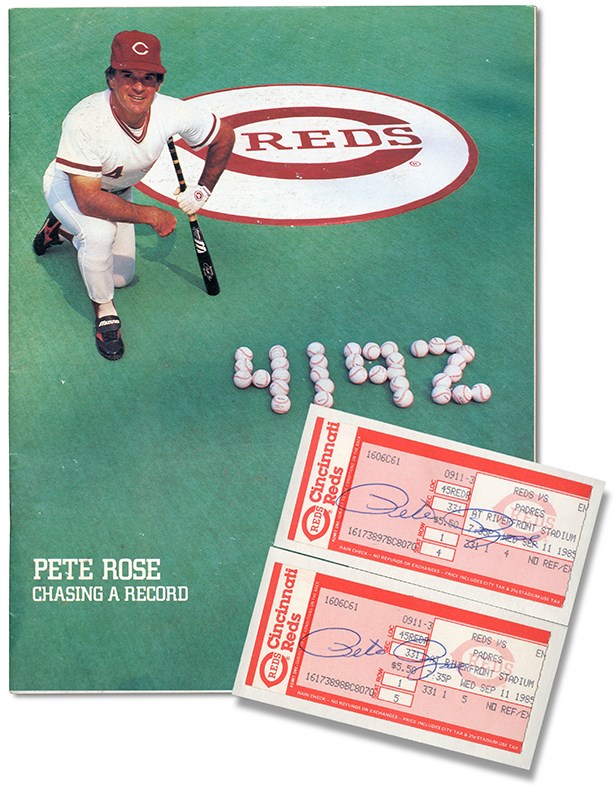 Pete Rose & Cincinnati Reds - Pete Rose 4192 Program & 2 Signed Tickets