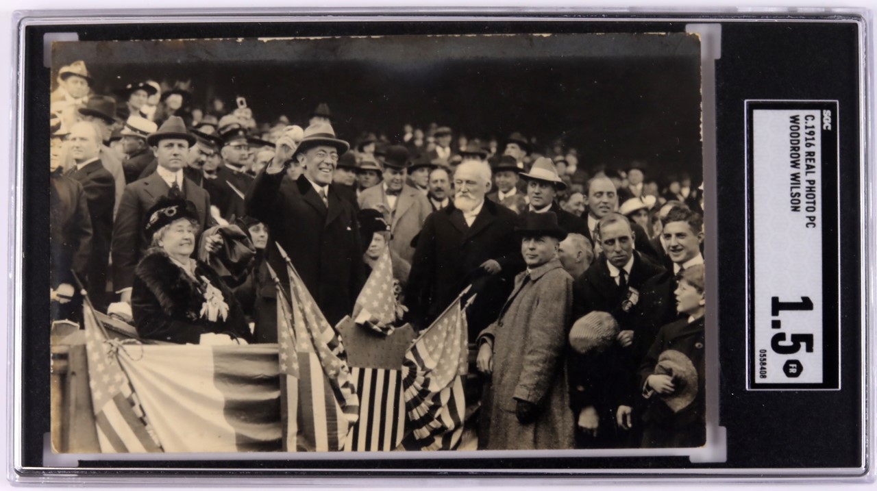 - Woodrow Wilson Throwing Out the First Pitch "Japanese" Real Photo Postcard (SGC)