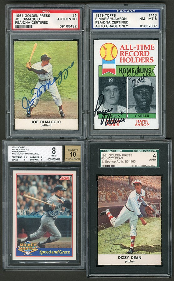 Baseball and Trading Cards - Mantle, Maris, DiMaggio, and Dean Vintage Signed Cards