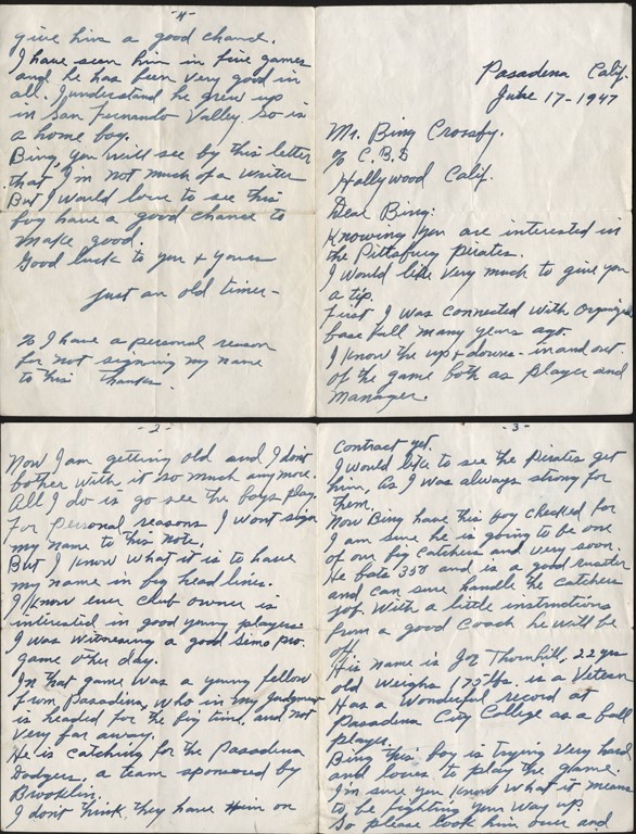 Baseball Autographs - 1947 Alex Pompez Handwritten Letter to Pittsburgh Pirates Owner Bing Crosby (PSA LOA)