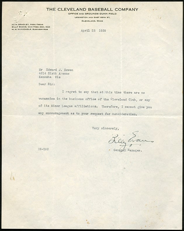 Baseball Autographs - 1929 Billy Evans Signed Letter