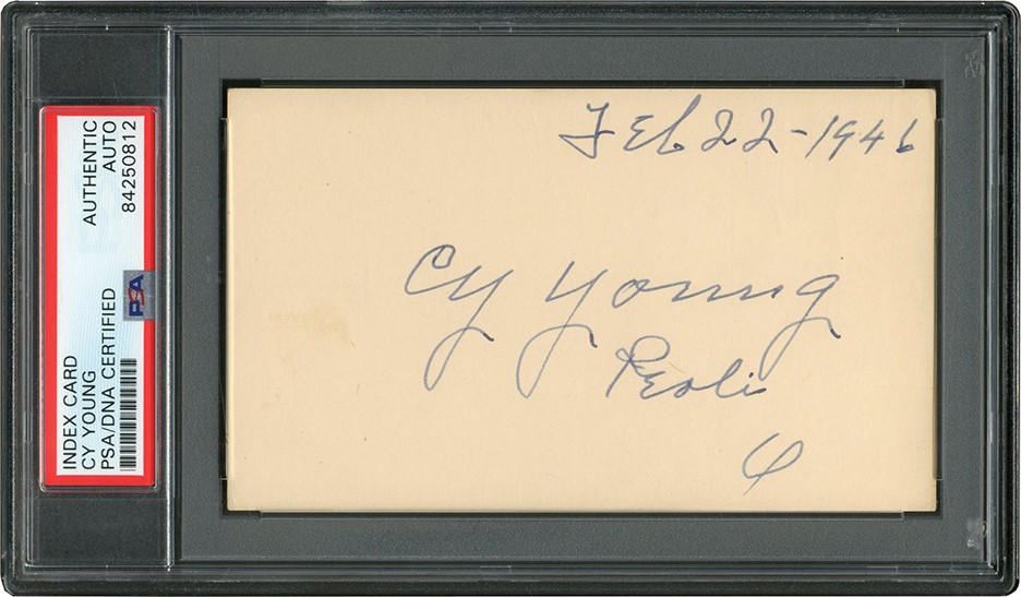 Baseball Autographs - 1946 Cy Young Signed Index Card (PSA)