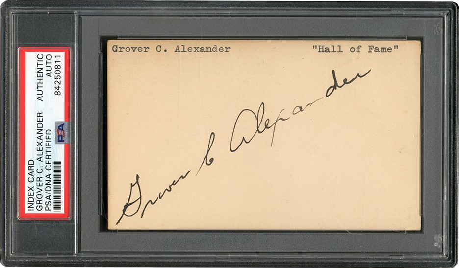 Baseball Autographs - Grover Alexander Signed Index Card (PSA)