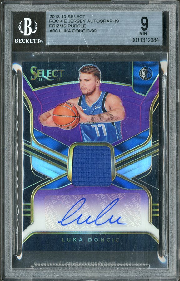 Basketball Cards - 2018-19 Select Prizms Purple #30 Luka Doncic Rookie Jersey Autograph 64/99 BGS MINT 9