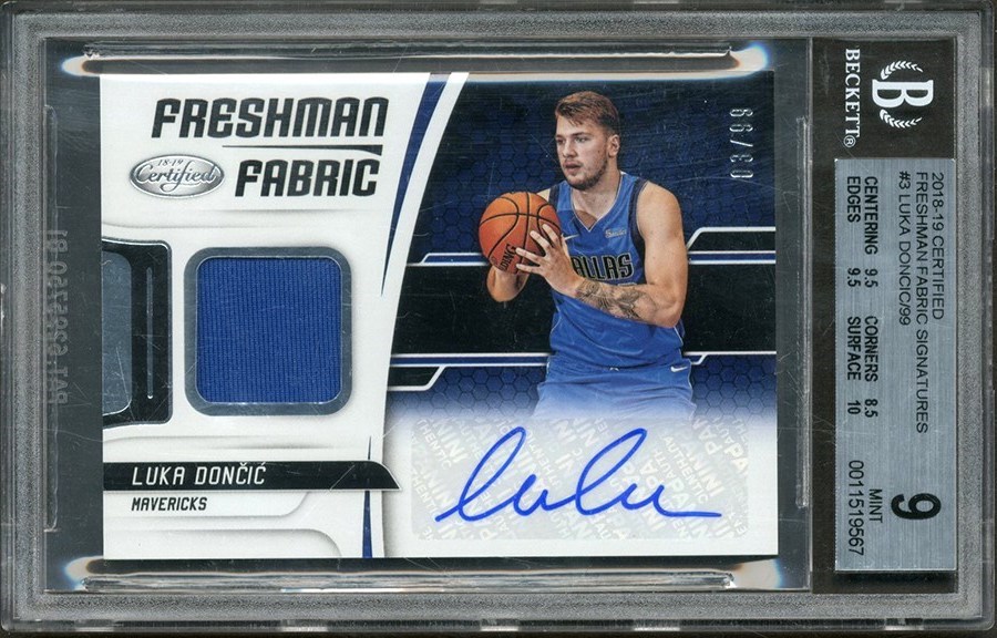 Basketball Cards - 2018-19 Certified Freshman Fabric #3 Luka Doncic Autograph Jersey 3/99 BGS MINT 9