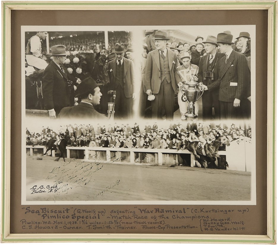 - 1938 Seabiscuit Defeating War Admiral Oversized Photograph Signed by Jockey George Woolf