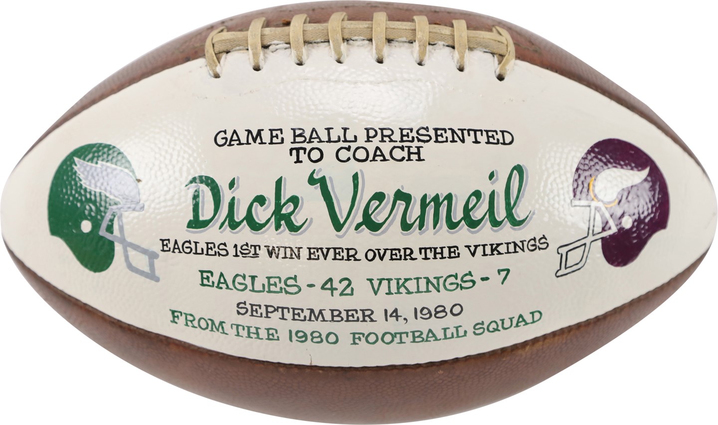 The Philadelphia Eagles Collection - September 14,1980, Dick Vermeil Philadelphia Eagles Presentational Game Ball - Eagles' First Ever Victory Against the Minnesota Vikings