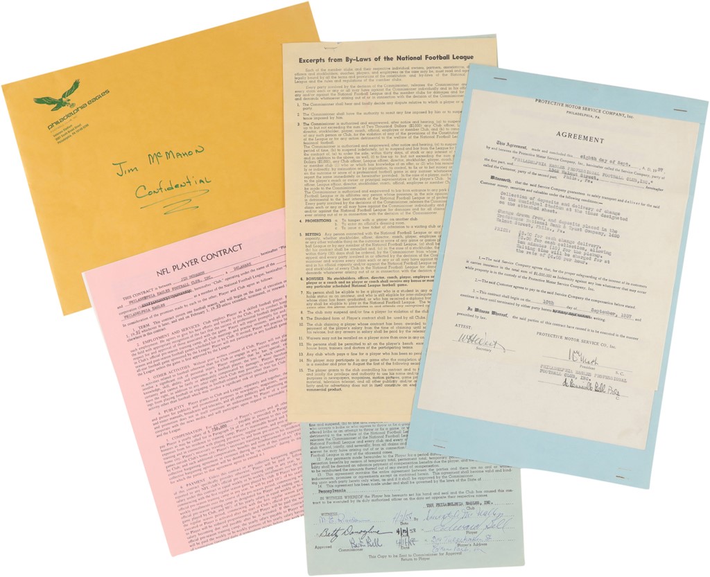 - Philadelphia Eagles Player Contracts including Jim McMahon and Two Signed by Bert Bell (8)