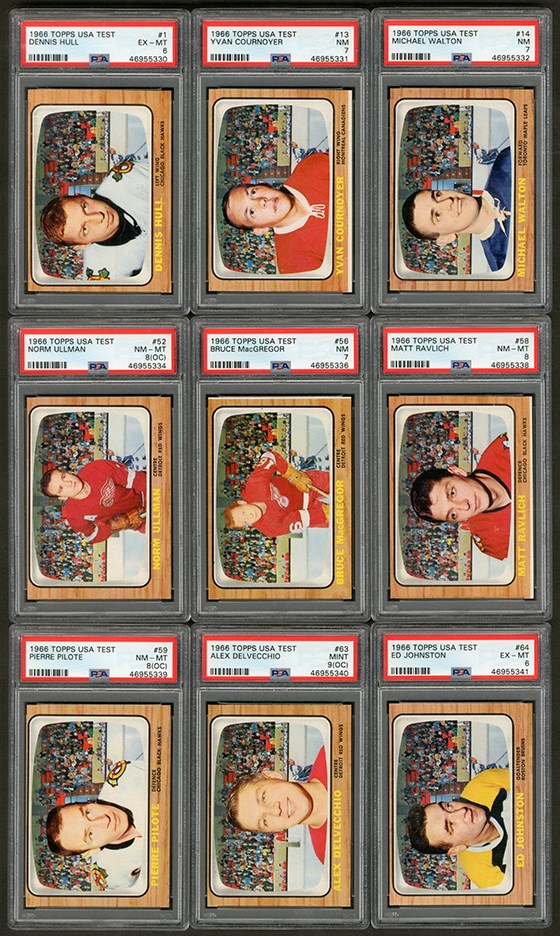 Baseball and Trading Cards - 1966 Topps USA Test Issue Hockey Collection w/Hall of Famers (9, All PSA)