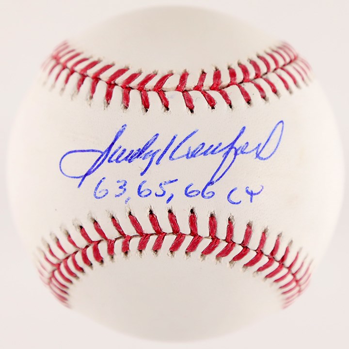 Baseball Autographs - Mint Sandy Koufax "63, 65, 66 CY" Single-Signed Baseball (MLB Holo & Fanatics)