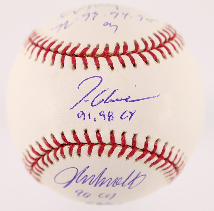 Baseball Autographs - Greg Maddux, Tom Glavine, & John Smoltz "Cy Young" Signed Inscribed Baseball