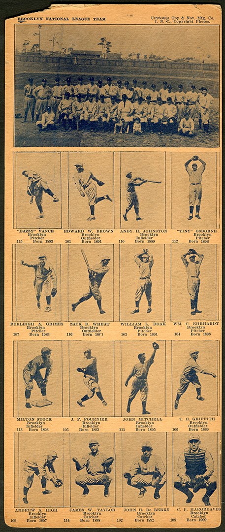Baseball and Trading Cards - 1925 W504 Universal Toy & Novelty Brooklyn Dodgers Uncut Sheet