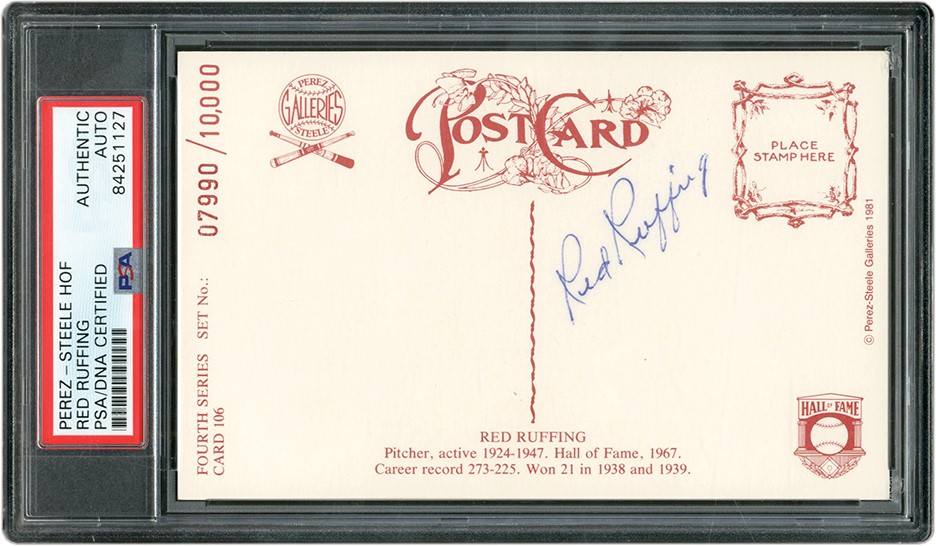 Baseball Autographs - Scarce Red Ruffing Signed Perez Steele Postcard (PSA)