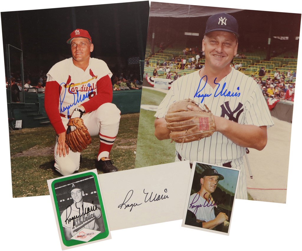 Mantle and Maris - Five Roger Maris Autographs with Two Cards (All PSA)
