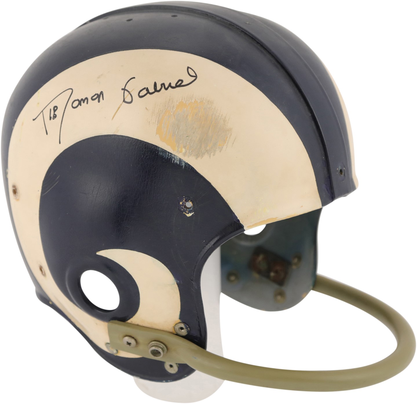 Football - The Concussion Helmet - Roman Gabriel 1970 Los Angeles Signed Game Used Helmet - Used in Government Hearings (Photo-Matched)