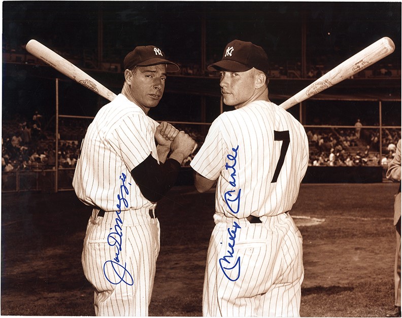 - Perfect Mickey Mantle and Joe DiMaggio Signed Oversized Sepia Photo (PSA GEM MINT 10)