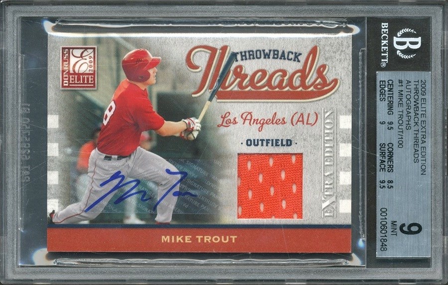 Baseball and Trading Cards - 2009 Elite Extra Edition Throwback Threads #1 Mike Trout Rookie Autograph Jersey 51/100 BGS MINT 9 - Auto 10