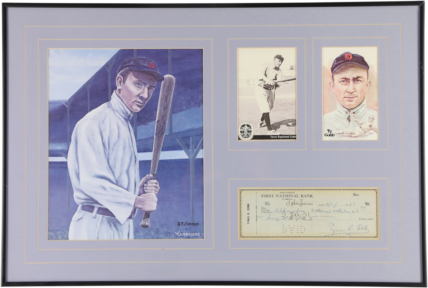 Ty Cobb and Detroit Tigers - 1957 Ty Cobb Signed Check Display (PSA)