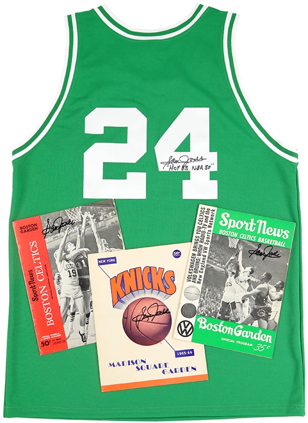 - Sam Jones Signed Celtics Jersey and Three (3) 1960s Signed Programs