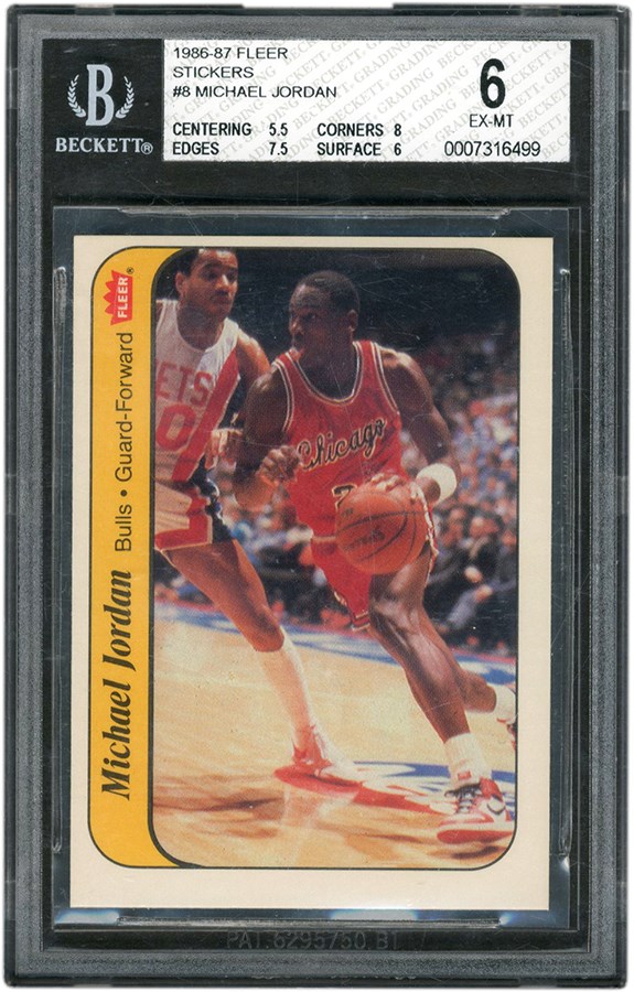 Basketball Cards - 1986-87 Fleer Stickers #8 Michael Jordan Rookie BGS EX-MT 6
