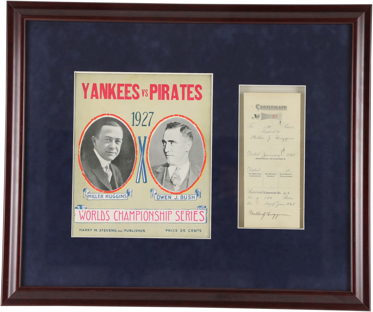 - 1925 Miller Huggins Signed Stock Certificate with 1927 World Series Program (PSA)