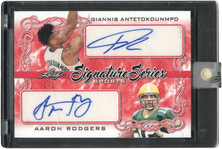 Basketball Cards - 2020 Leaf Signature Series Giannis Antetokounmpo & Aaron Rodgers "1/1" Dual Autograph