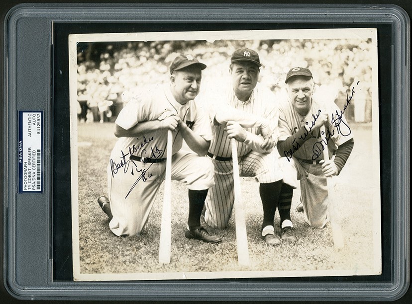 Baseball Autographs - Gorgeous 1941 Ty Cobb and Tris Speaker Signed Type I Photograph with Babe Ruth (PSA)