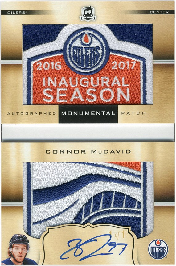 Hockey Cards - 2018-19 The Cup Connor McDavid "1/1" Game Worn Monumental Logo Patch Autograph with Entire '16-17 Inaugural Patch